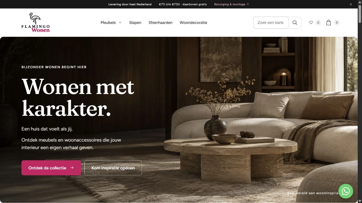 De website van Flamingo Wonen met de meubelcollectie en het interieurbeeld Wonen met karakter